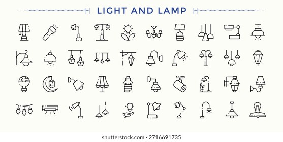 Conjunto de ícones lineares de Luz e Lâmpada. Conjunto de ícones de linha de luz. Contém ícones como eletricidade, lâmpada, ideia, iluminação, holofote e muito mais.
