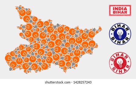 Light lamp mosaic Bihar State map and grunge rounded seals. Mosaic vector Bihar State map is created with electric lamp symbols. Templates for electric business. Orange and red colors used.