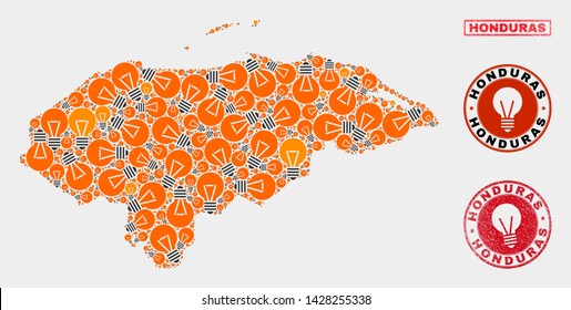 Light lamp mosaic Honduras map and rubber rounded stamp seals. Mosaic vector Honduras map is designed with power lamp symbols. Concept for power supply business. Orange and red colors used.