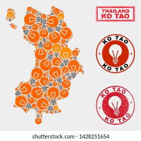 Light lamp mosaic Ko Tao map and grunge rounded stamp seals. Mosaic vector Ko Tao map is created with light bulb symbols. Templates for electric services. Orange and red colors used.