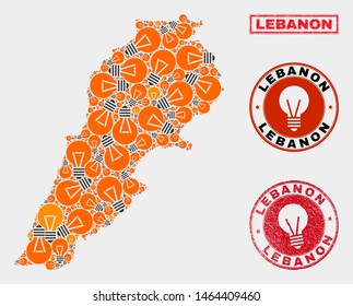 Light lamp mosaic Lebanon map and grunge rounded stamp seals. Mosaic vector Lebanon map is created with light bulb icons. Templates for electric business. Orange and red colors used.