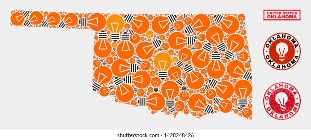 Light lamp mosaic Oklahoma State map and grunge round watermarks. Collage vector Oklahoma State map is created with light lamp elements. Abstraction for power supply services.