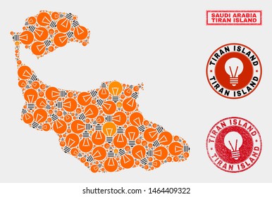 Light lamp mosaic Tiran Island map and rubber rounded stamps. Mosaic vector Tiran Island map is composed with electrical lamp icons. Concept for innovation business. Orange and red colors used.