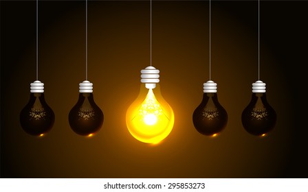 light Lamp orange background, idea. LED lamp in the dark. star. ray. beam. aura. Spark. Idea concept