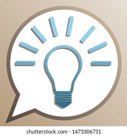 Light lamp sign. Bright cerulean icon in white speech balloon at pale taupe background. Illustration.