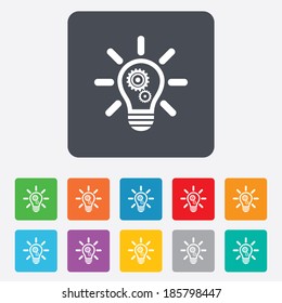 Light lamp sign icon. Bulb with gears and cogs symbol. Idea symbol. Rounded squares 11 buttons. Vector