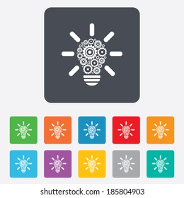 Light lamp sign icon. Bulb with gears and cogs symbol. Idea symbol. Rounded squares 11 buttons. Vector
