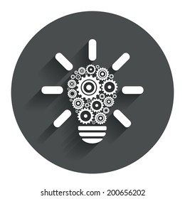Light lamp sign icon. Bulb with gears and cogs symbol. Idea symbol. Circle flat button with shadow. Modern UI website navigation. Vector
