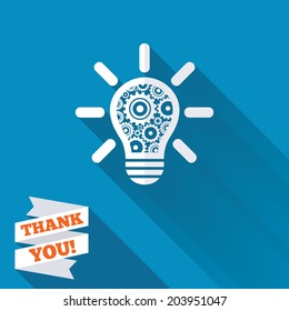 Light lamp sign icon. Bulb with gears and cogs symbol. Idea symbol. White flat icon with long shadow. Paper ribbon label with Thank you text. Vector