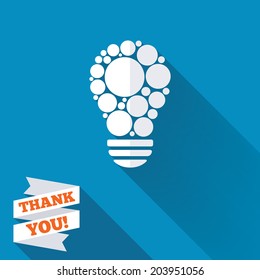 Light lamp sign icon. Bulb with circles symbol. Idea symbol. White flat icon with long shadow. Paper ribbon label with Thank you text. Vector