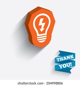 Light lamp sign icon. Bulb with lightning symbol. Idea symbol. White icon on orange 3D piece of wall. Carved in stone with long flat shadow. Vector