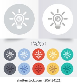 Light lamp sign icon. Bulb with gear symbol. Idea symbol. Round 12 circle buttons. Shadow. Hand cursor pointer. Vector