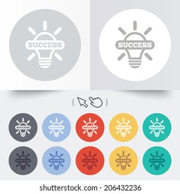 Light lamp sign icon. Bulb with success symbol. Idea symbol. Round 12 circle buttons. Shadow. Hand cursor pointer. Vector
