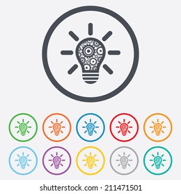 Light lamp sign icon. Bulb with gears and cogs symbol. Idea symbol. Round circle buttons with frame. Vector