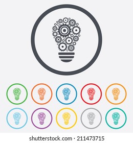 Light lamp sign icon. Bulb with gears and cogs symbol. Idea symbol. Round circle buttons with frame. Vector
