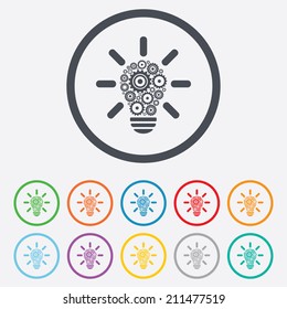 Light lamp sign icon. Bulb with gears and cogs symbol. Idea symbol. Round circle buttons with frame. Vector
