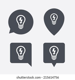 Light lamp sign icon. Bulb with lightning symbol. Idea symbol. Map pointers information buttons. Speech bubbles with icons. Vector