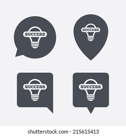 Light lamp sign icon. Bulb with success symbol. Idea symbol. Map pointers information buttons. Speech bubbles with icons. Vector