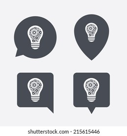 Light lamp sign icon. Bulb with gears and cogs symbol. Idea symbol. Map pointers information buttons. Speech bubbles with icons. Vector