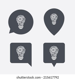 Light lamp sign icon. Bulb with gears and cogs symbol. Idea symbol. Map pointers information buttons. Speech bubbles with icons. Vector