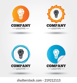 Light lamp sign icon. Bulb with circles symbol. Idea symbol. Business abstract circle logos. Icon in speech bubble, wreath. Vector
