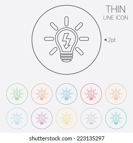 Light lamp sign icon. Bulb with lightning symbol. Idea symbol. Thin line circle web icons with outline. Vector