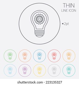 Light lamp sign icon. Bulb with gear symbol. Idea symbol. Thin line circle web icons with outline. Vector