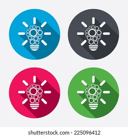 Light lamp sign icon. Bulb with circles symbol. Idea symbol. Circle buttons with long shadow. 4 icons set. Vector