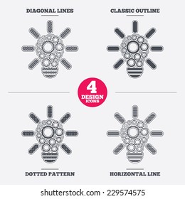 Light lamp sign icon. Bulb with circles symbol. Idea symbol. Diagonal and horizontal lines, classic outline, dotted texture. Pattern design icons.  Vector