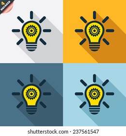 Light lamp sign icon. Bulb with gear symbol. Idea symbol. Four squares. Colored Flat design buttons. Vector