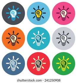 Light lamp sign icon. Bulb with gears and cogs symbol. Idea symbol. Colored round buttons. Flat design circle icons set. Vector