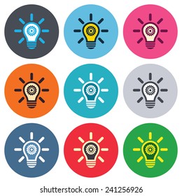 Light lamp sign icon. Bulb with gear symbol. Idea symbol. Colored round buttons. Flat design circle icons set. Vector