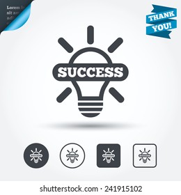 Light lamp sign icon. Bulb with success symbol. Idea symbol. Circle and square buttons. Flat design set. Thank you ribbon. Vector