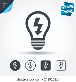 Light lamp sign icon. Bulb with lightning symbol. Idea symbol. Circle and square buttons. Flat design set. Thank you ribbon. Vector