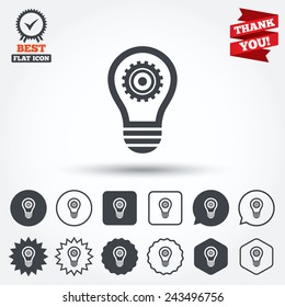 Light lamp sign icon. Bulb with gear symbol. Idea symbol. Circle, star, speech bubble and square buttons. Award medal with check mark. Thank you ribbon. Vector