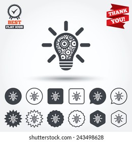 Light lamp sign icon. Bulb with gears and cogs symbol. Idea symbol. Circle, star, speech bubble and square buttons. Award medal with check mark. Thank you ribbon. Vector