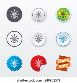 Light lamp sign icon. Bulb with gears and cogs symbol. Idea symbol. Circle concept buttons. Metal edging. Star and label sticker. Vector
