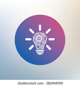 Light lamp sign icon. Bulb with gears and cogs symbol. Idea symbol. Icon on blurred background. Vector