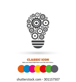 Light lamp sign icon. Bulb with gears and cogs symbol. Idea symbol. Classic flat icon. Colored circles. Vector