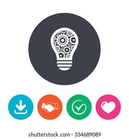 Light lamp sign icon. Bulb with gears and cogs symbol. Idea symbol. Download arrow, handshake, tick and heart. Flat circle buttons.