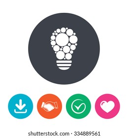 Light lamp sign icon. Bulb with circles symbol. Idea symbol. Download arrow, handshake, tick and heart. Flat circle buttons.