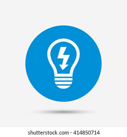 Light lamp sign icon. Bulb with lightning symbol. Idea symbol. Blue circle button with icon. Vector