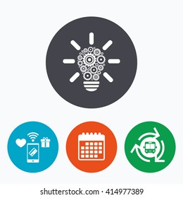 Light lamp sign icon. Bulb with gears and cogs symbol. Idea symbol. Mobile payments, calendar and wifi icons. Bus shuttle.