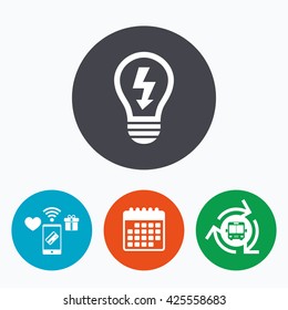 Light lamp sign icon. Bulb with lightning symbol. Idea symbol. Mobile payments, calendar and wifi icons. Bus shuttle.