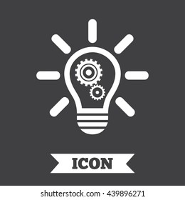 Light lamp sign icon. Bulb with gears and cogs symbol. Idea symbol. Graphic design element. Flat idea symbol on dark background. Vector