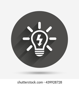Light lamp sign icon. Bulb with lightning symbol. Idea symbol. Circle flat button with shadow. Vector