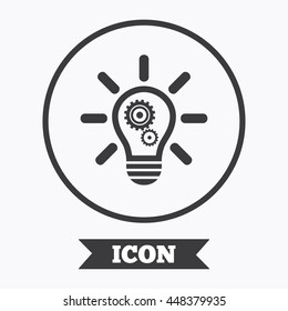 Light lamp sign icon. Bulb with gears and cogs symbol. Idea symbol. Graphic design element. Flat symbol in circle button. Vector