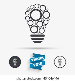 Light lamp sign icon. Bulb with circles symbol. Idea symbol. Flat icons. Buttons with icons. Thank you ribbon. Vector