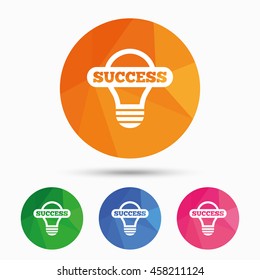 Light lamp sign icon. Bulb with success symbol. Idea symbol. Triangular low poly button with flat icon. Vector