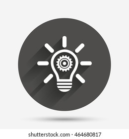 Light lamp sign icon. Bulb with gear symbol. Idea symbol. Circle flat button with shadow. Vector